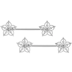 14 Gauge 9/16 Clear CZ Gem Airy Flower Barbell Nipple Ring Set