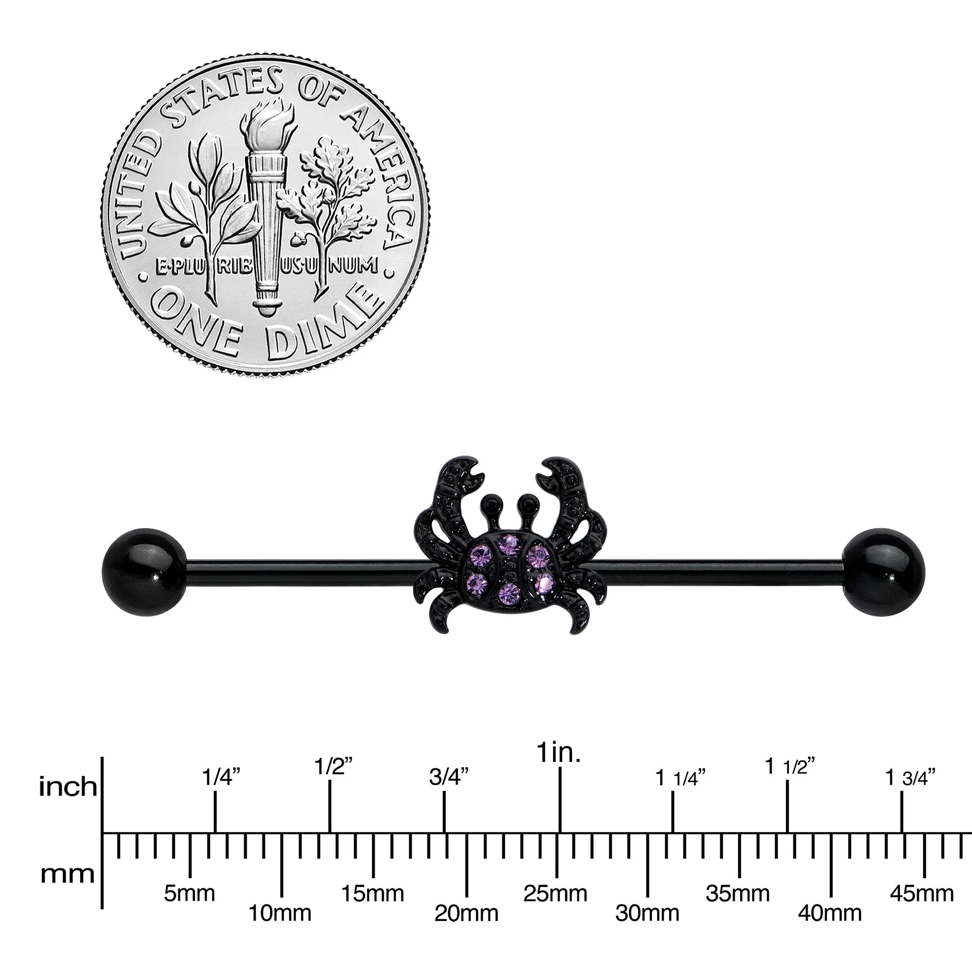 14 Gauge Purple Gem Black Chic Crab Industrial Barbell 38mm