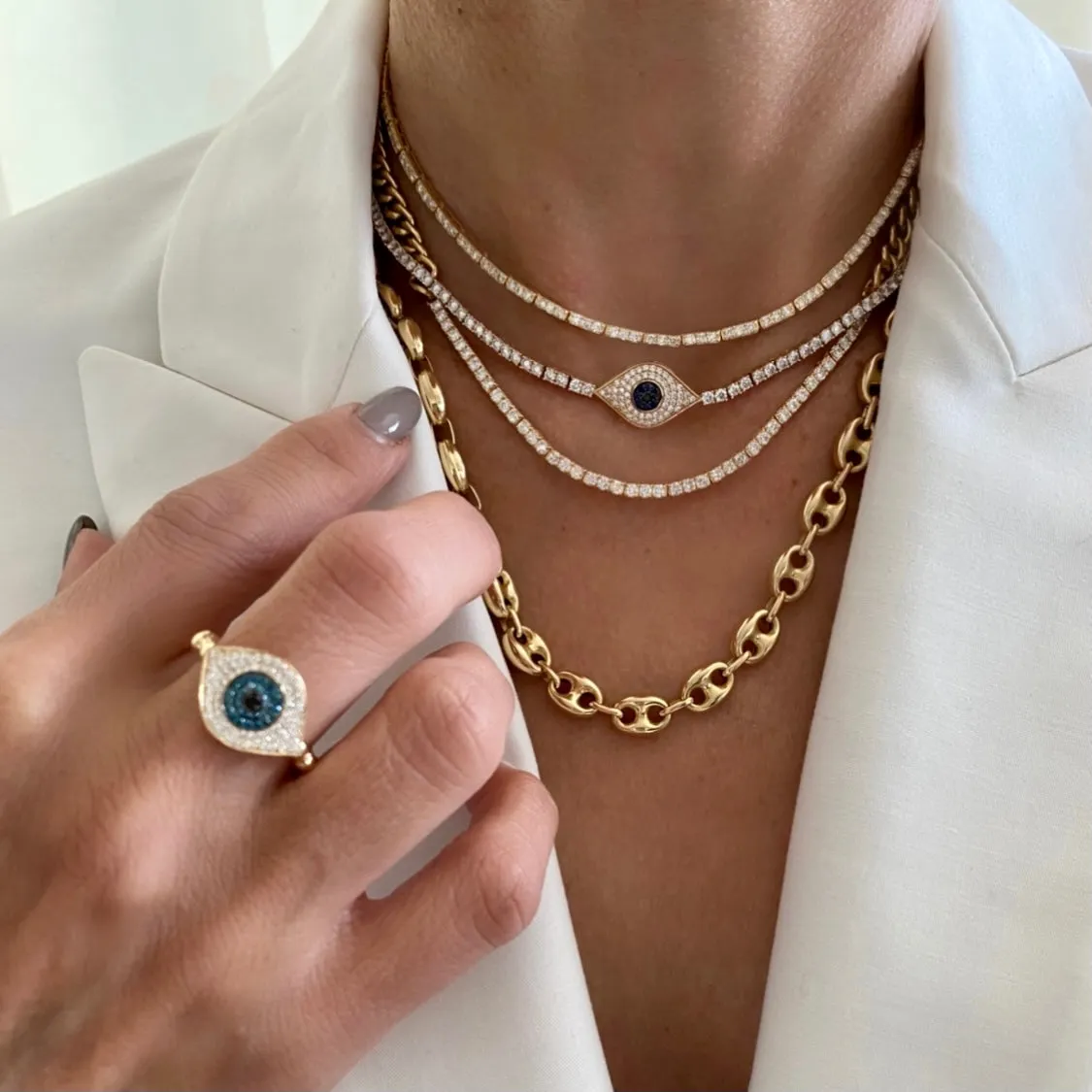 14KT Gold Diamond and Blue Diamond Evil Eye Ring