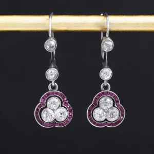 2.01ctw Old European Cut Diamond & Ruby Drop Earrings