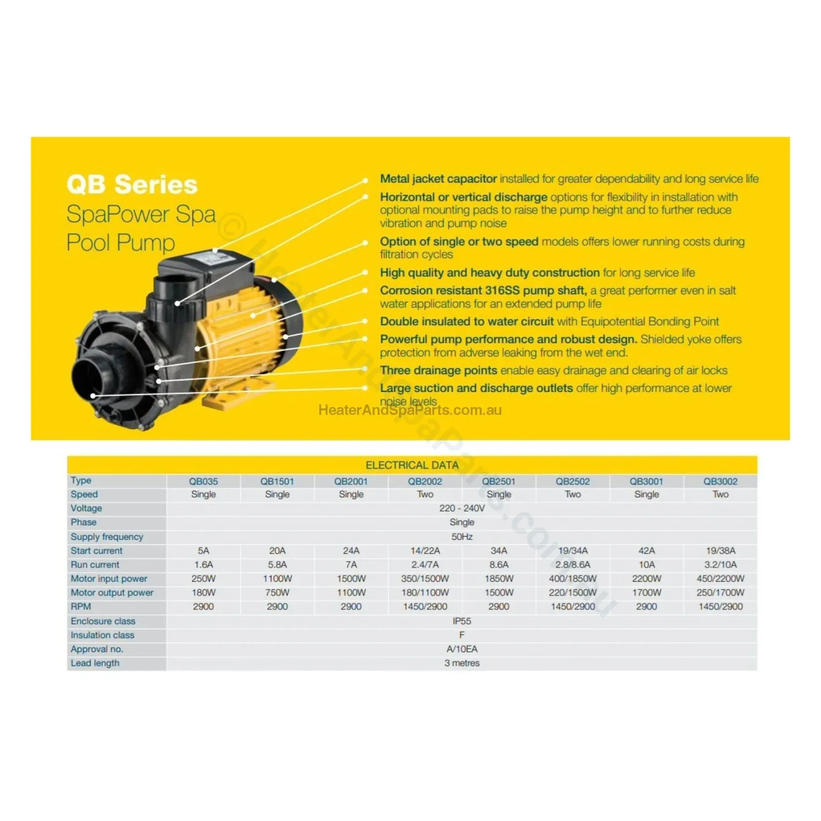 2.5HP 2-Speed - Davey QB2502 - Spa Jet Booster Pump - 50mm