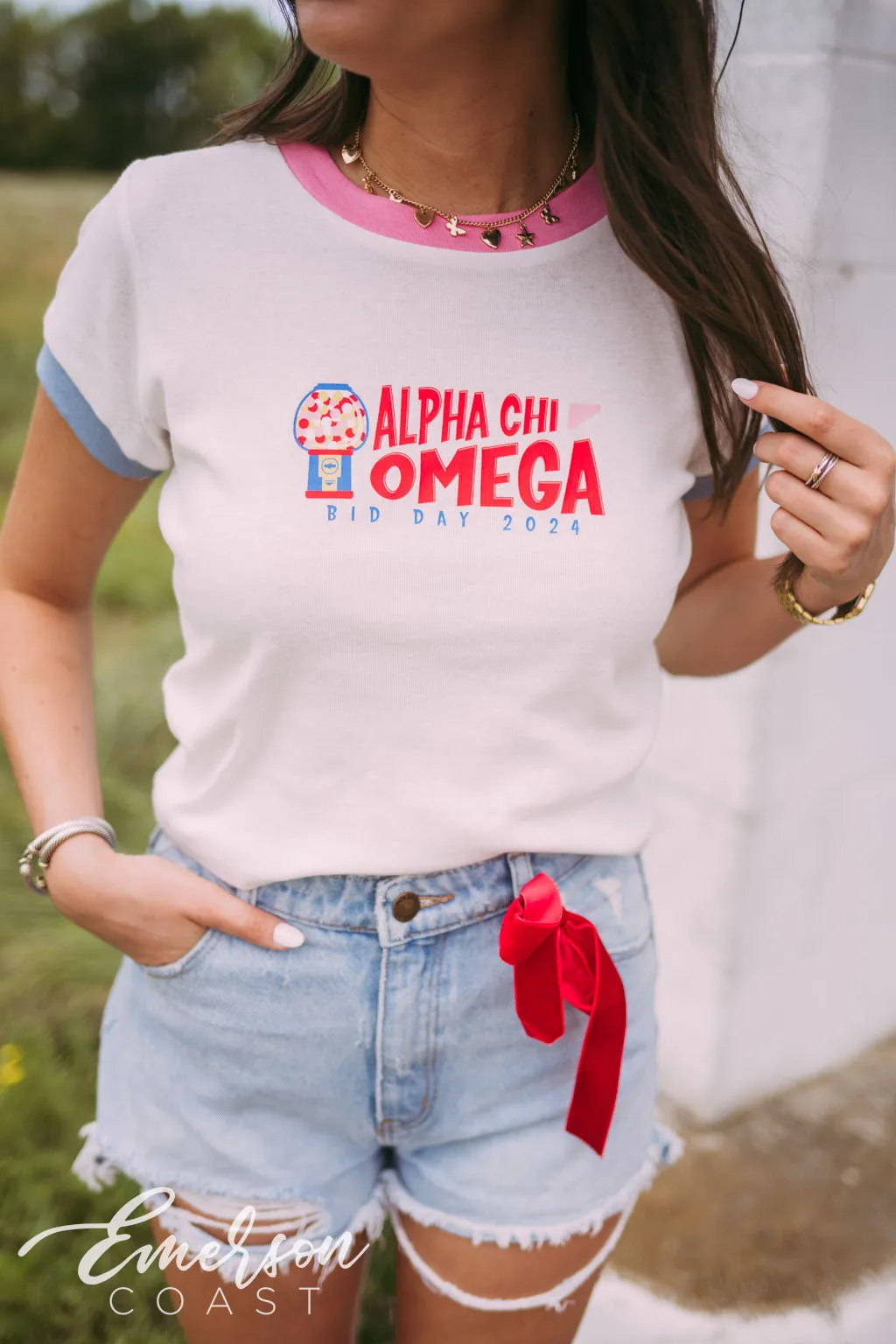 Alpha Chi Omega Stuck on You Bid Day Ringer Tee
