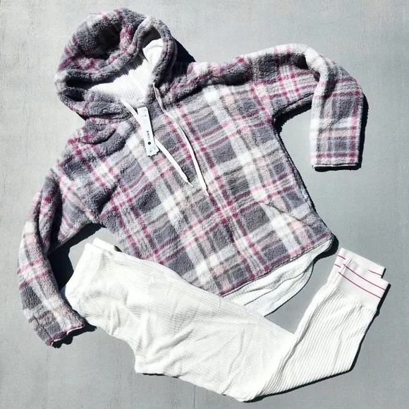 Aqua Women's Ivory Plaid Cozy Hoodie &amp; Thermal Pants Lounge Set Size XL