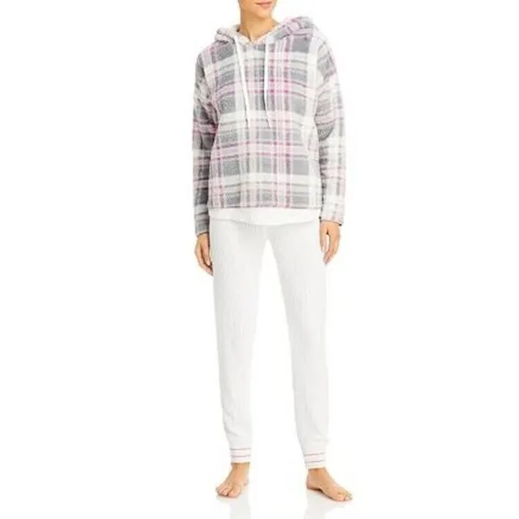 Aqua Women's Ivory Plaid Cozy Hoodie &amp; Thermal Pants Lounge Set Size XL