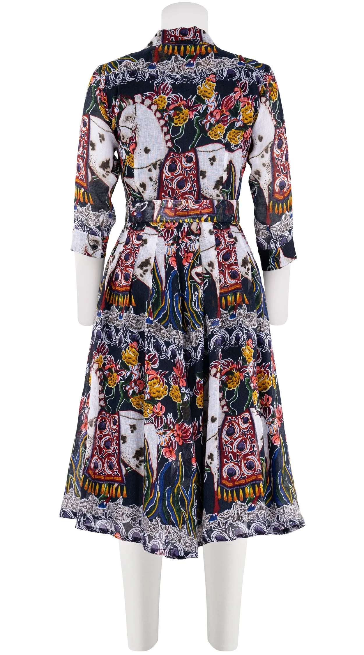 Audrey Dress #3 Shirt Collar 3/4 Sleeve Long  3 Length Linen (Spotted Pony)
