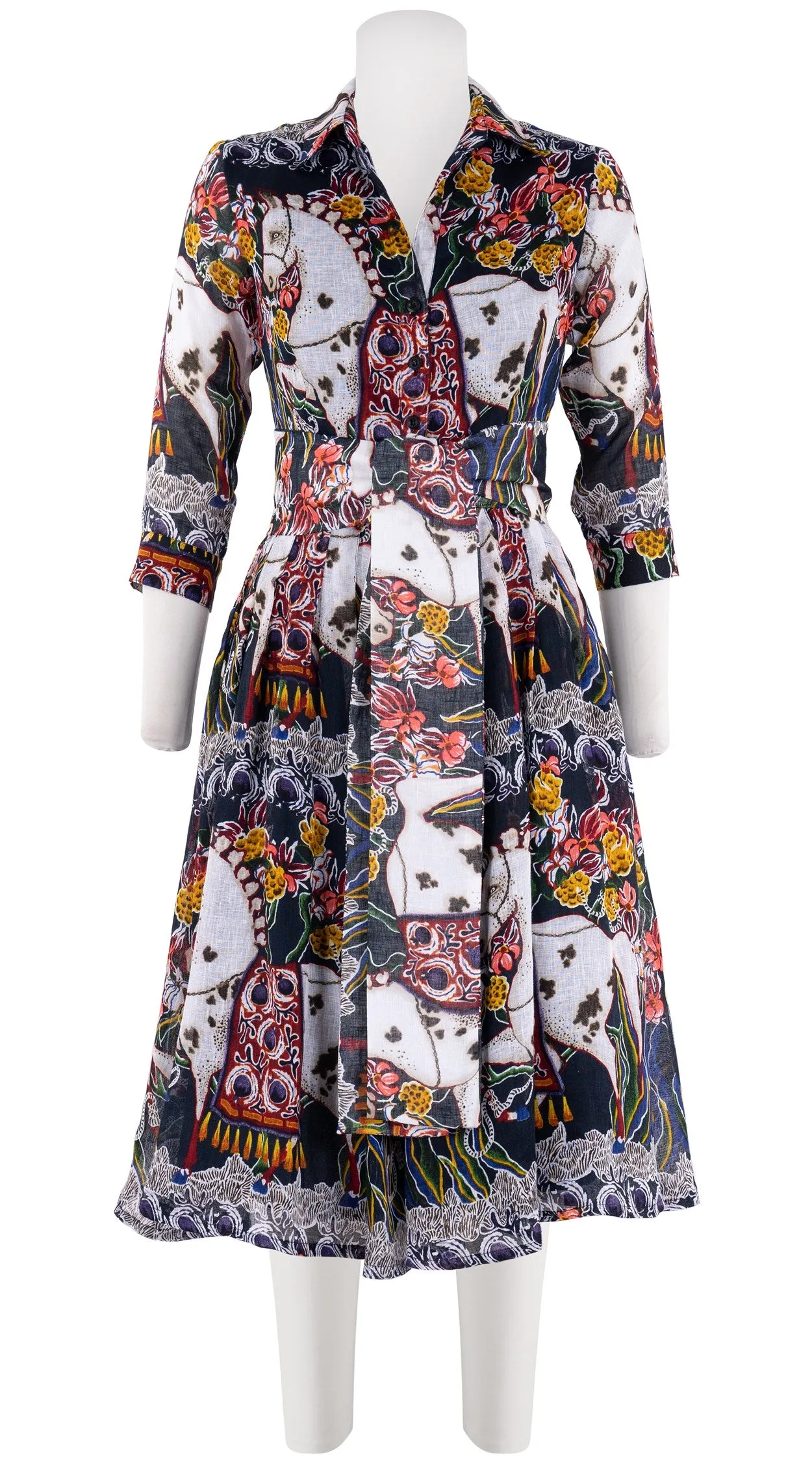 Audrey Dress #3 Shirt Collar 3/4 Sleeve Long  3 Length Linen (Spotted Pony)