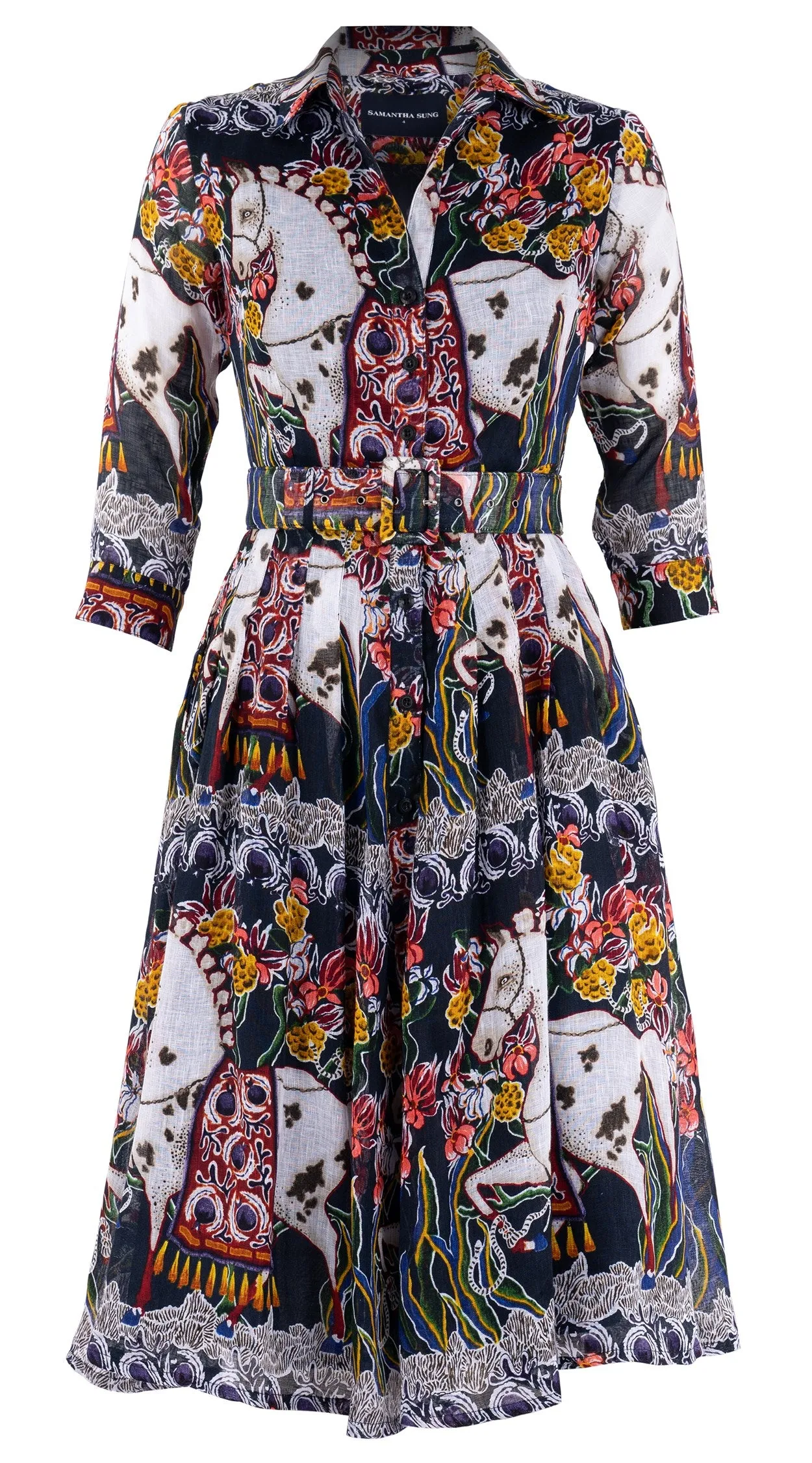 Audrey Dress #3 Shirt Collar 3/4 Sleeve Long  3 Length Linen (Spotted Pony)