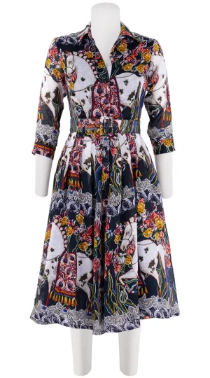 Audrey Dress #3 Shirt Collar 3/4 Sleeve Long  3 Length Linen (Spotted Pony)