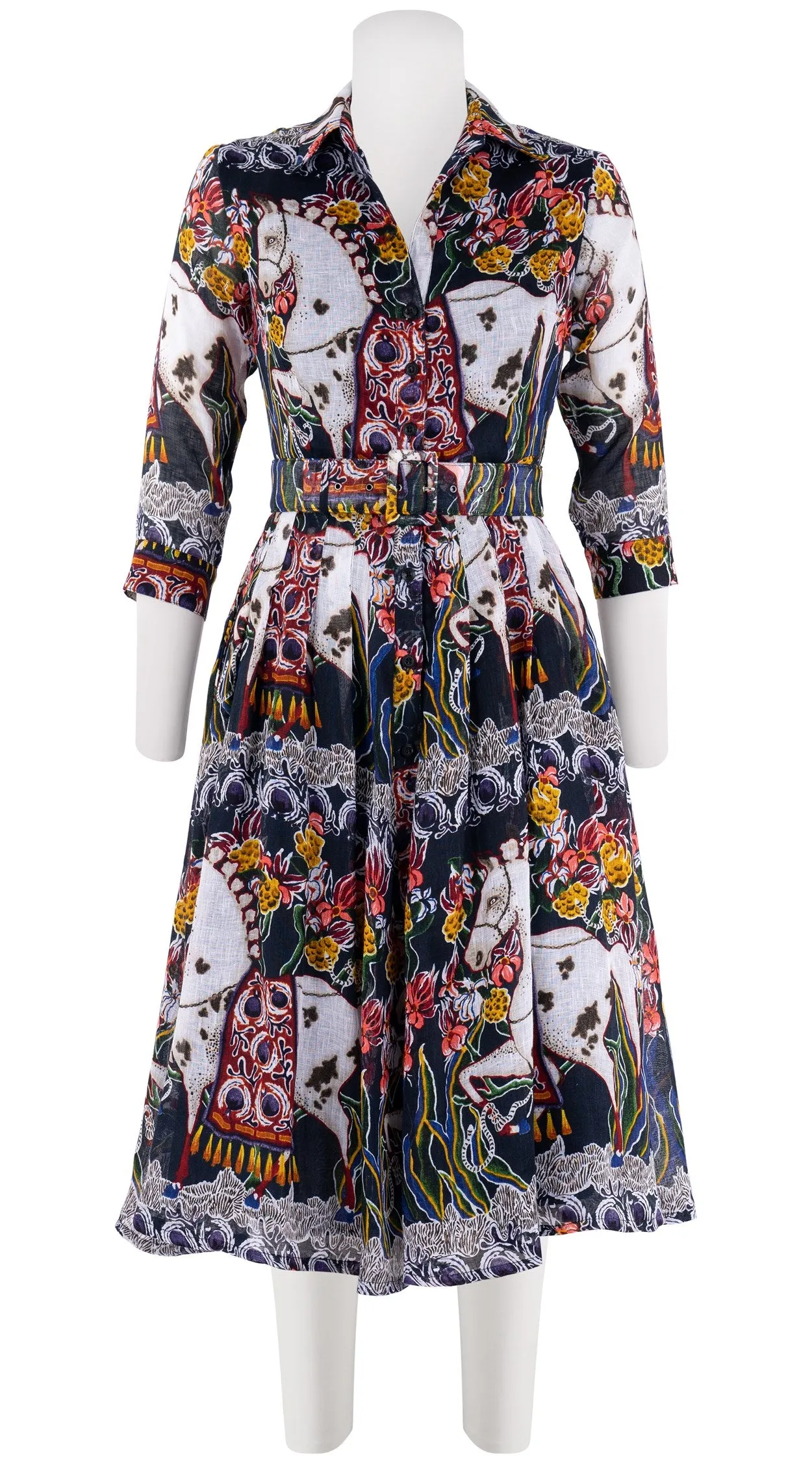 Audrey Dress #3 Shirt Collar 3/4 Sleeve Long  3 Length Linen (Spotted Pony)