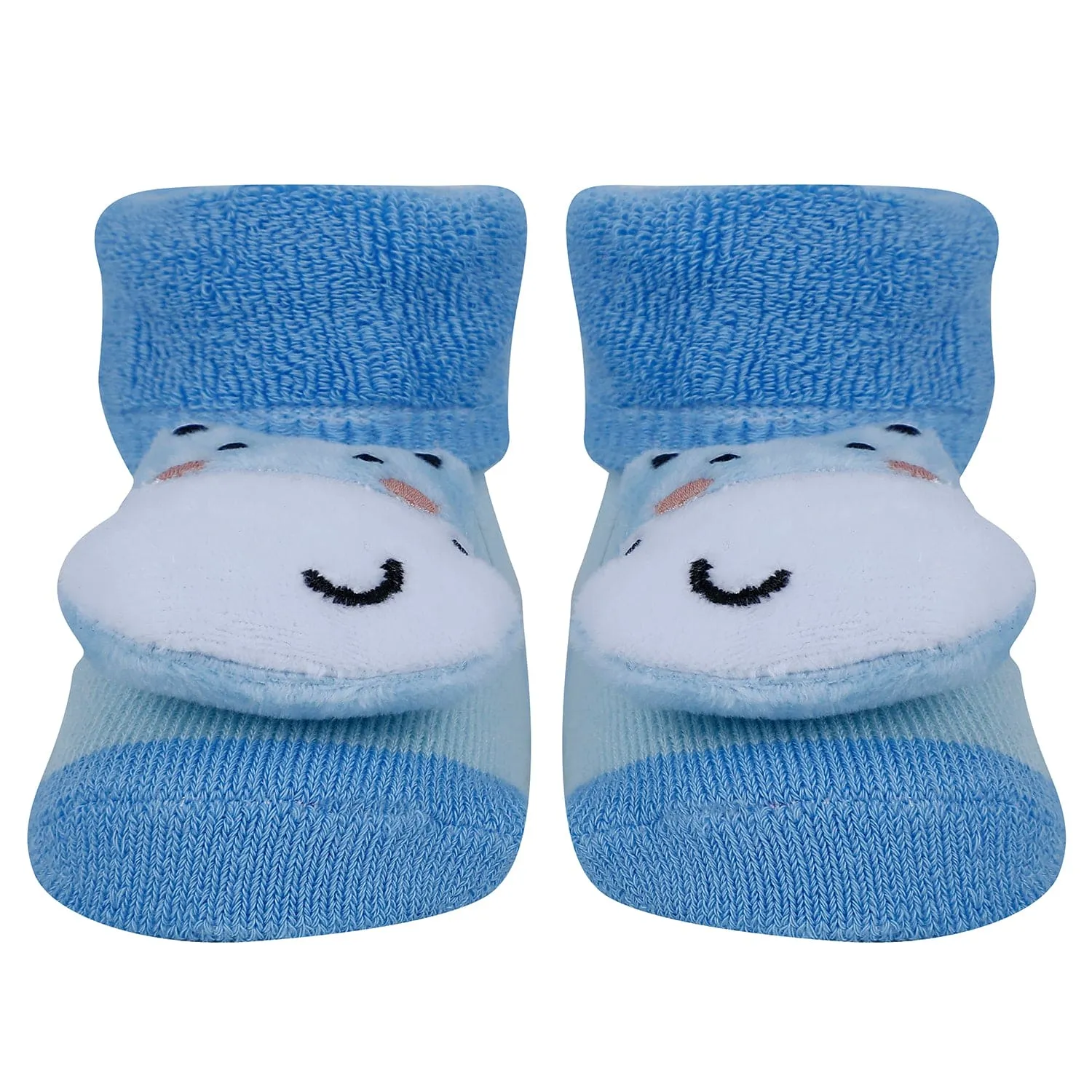 Baby Moo Kitty Hippo Lion 3D Rattle Anti-Skid Socks Booties Pack of 3 - Yellow, Grey
