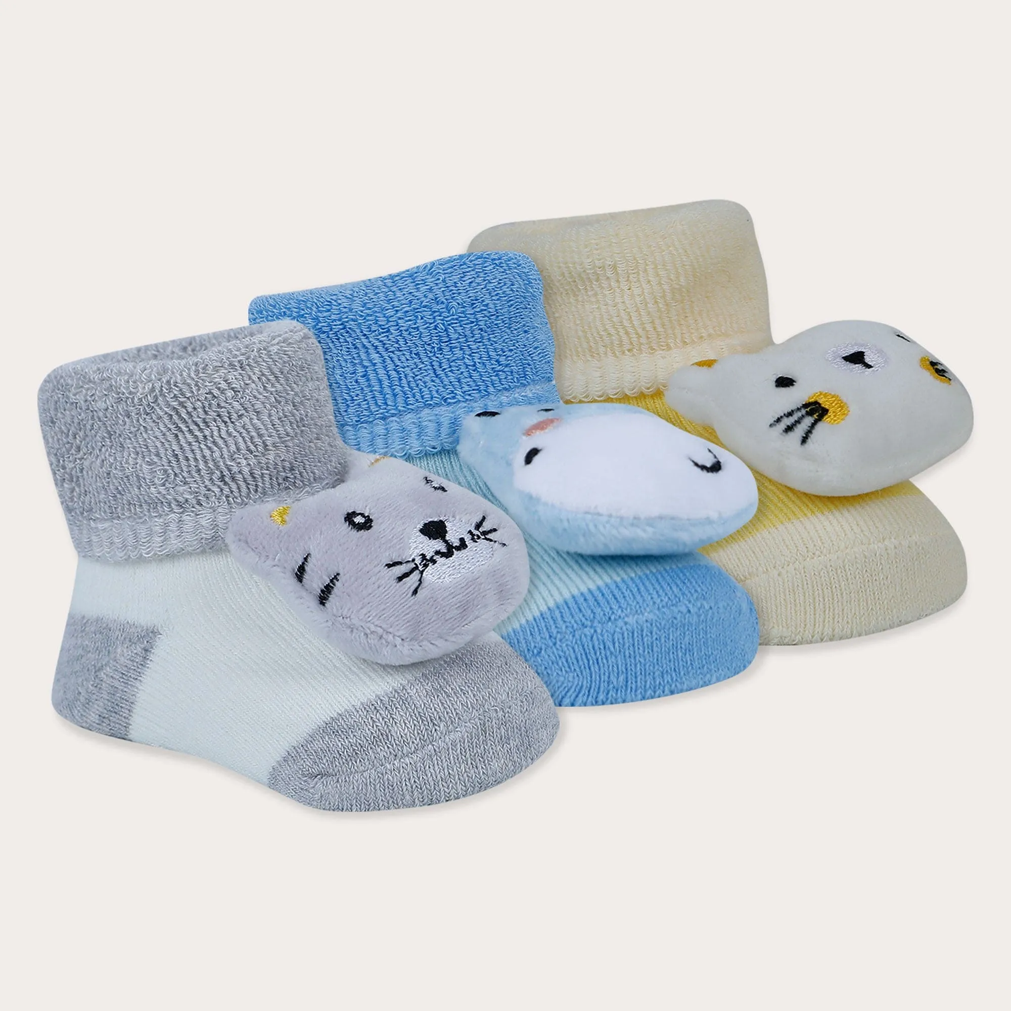 Baby Moo Kitty Hippo Lion 3D Rattle Anti-Skid Socks Booties Pack of 3 - Yellow, Grey