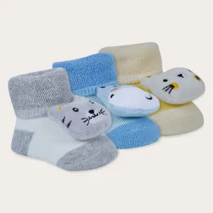 Baby Moo Kitty Hippo Lion 3D Rattle Anti-Skid Socks Booties Pack of 3 - Yellow, Grey
