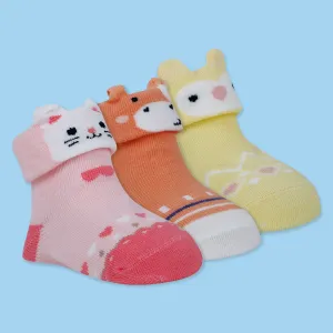 Baby Moo Owl Kitty 3D Anti-Skid Socks Booties Pack of 3 - Yellow, Pink