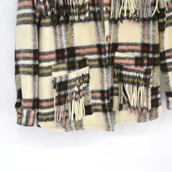 Blank NYC Plaid Fringe Shirt Jacket Shacket Button Down Neutral Black Women's XS