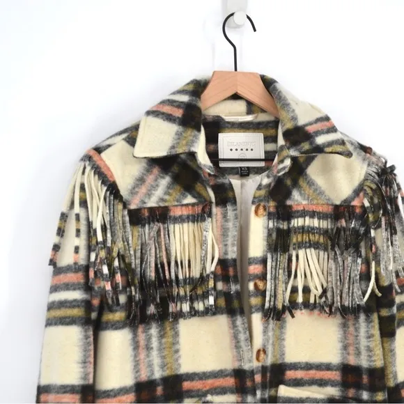 Blank NYC Plaid Fringe Shirt Jacket Shacket Button Down Neutral Black Women's XS