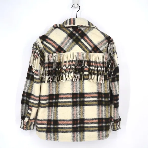 Blank NYC Plaid Fringe Shirt Jacket Shacket Button Down Neutral Black Women's XS