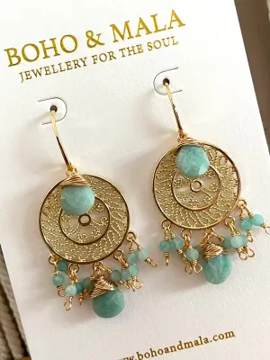 Boho & Mala Light Blue Natural Stone Dreamcatcher Gold Plated Drop Earrings