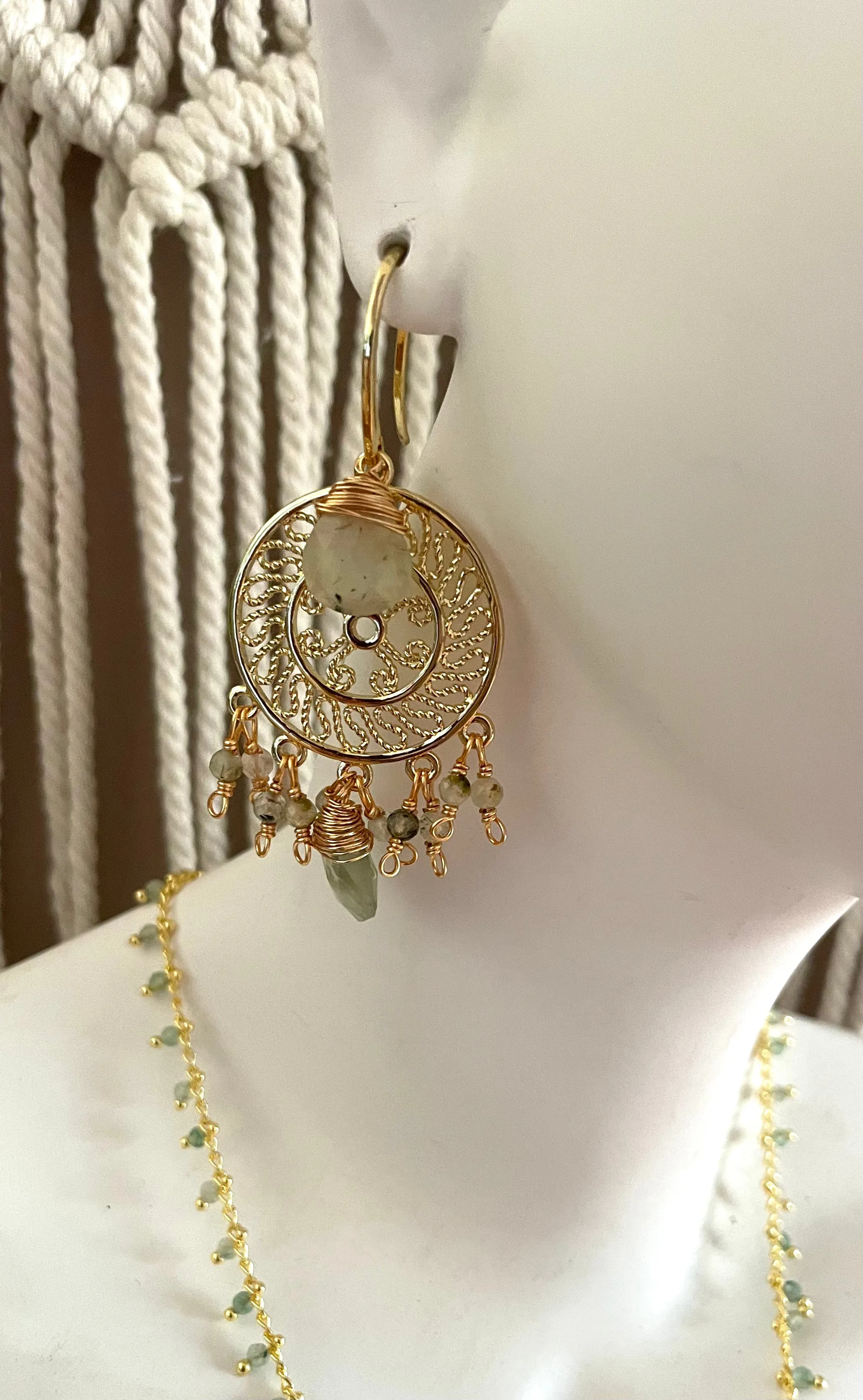 Boho & Mala Light Blue Natural Stone Dreamcatcher Gold Plated Drop Earrings