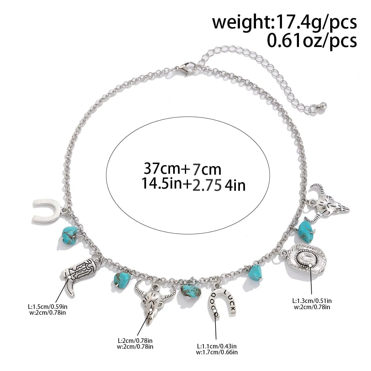 Boho Bull Boot Cowboy Hat Turquoise Charm Necklace
