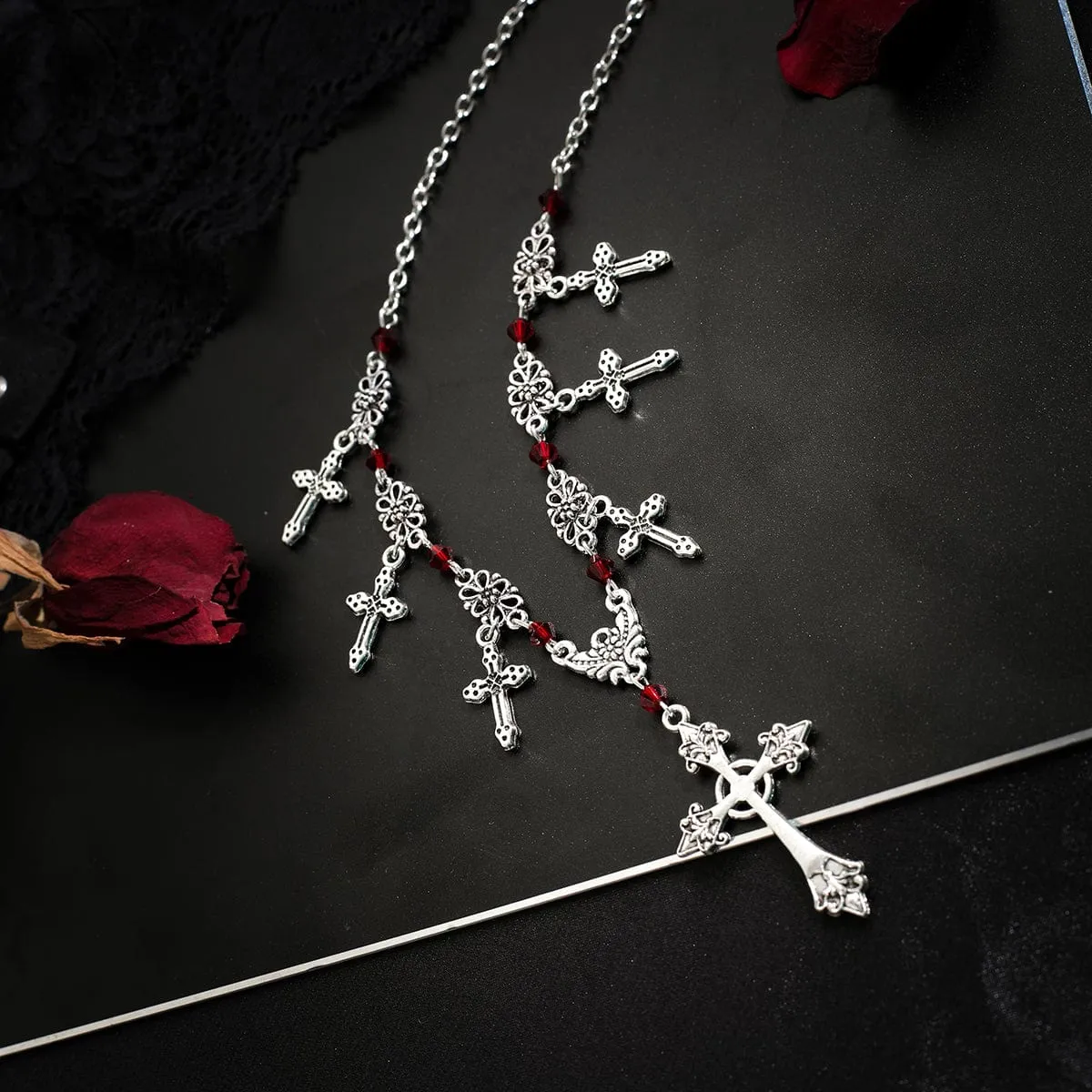 Chic Crystal Charm Antique Cross Tassel Necklace