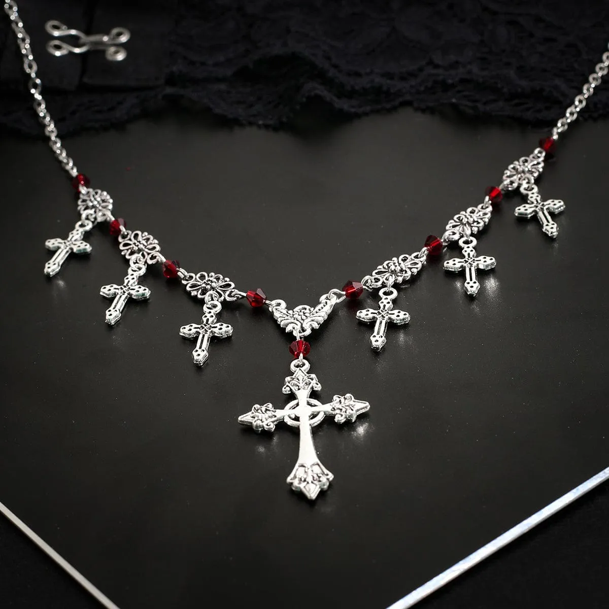 Chic Crystal Charm Antique Cross Tassel Necklace