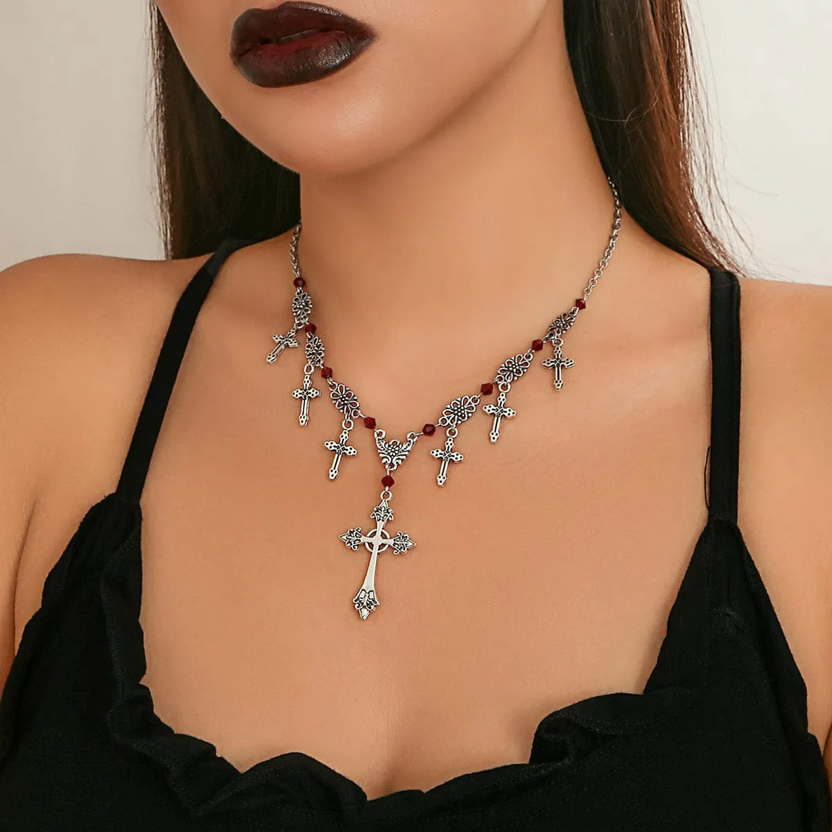 Chic Crystal Charm Antique Cross Tassel Necklace