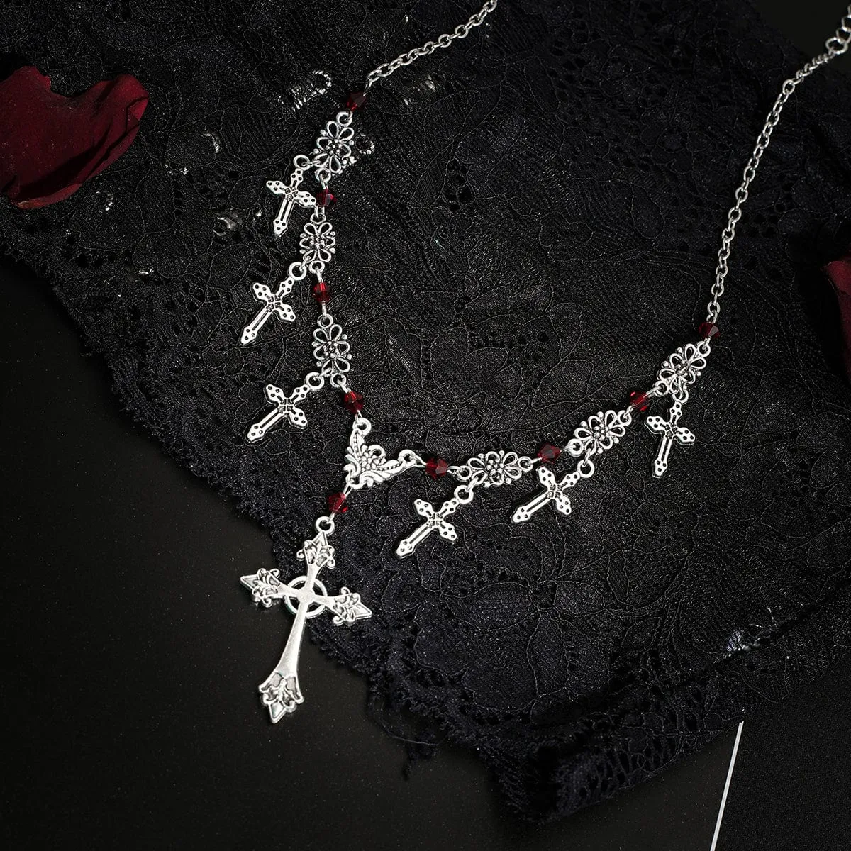 Chic Crystal Charm Antique Cross Tassel Necklace