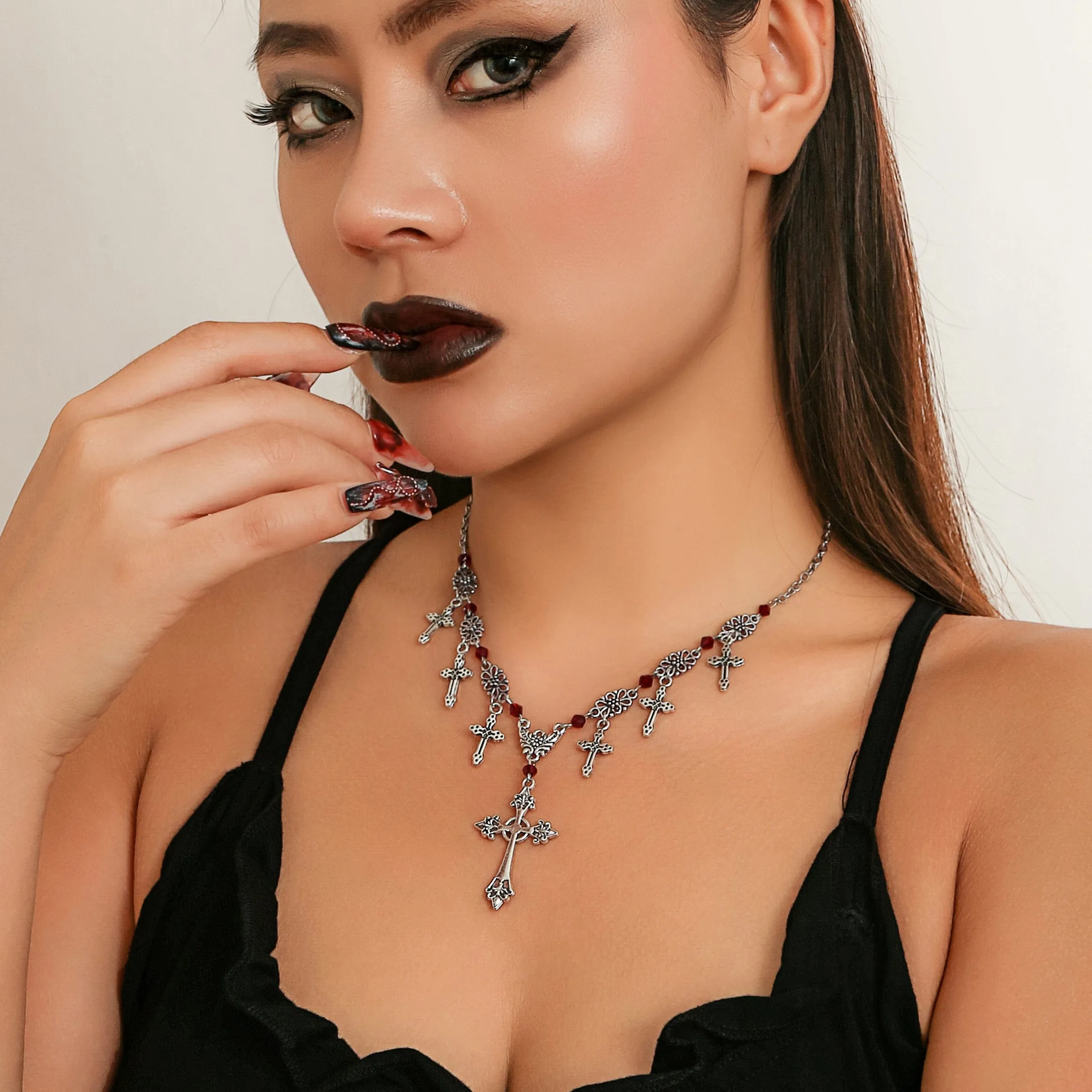 Chic Crystal Charm Antique Cross Tassel Necklace