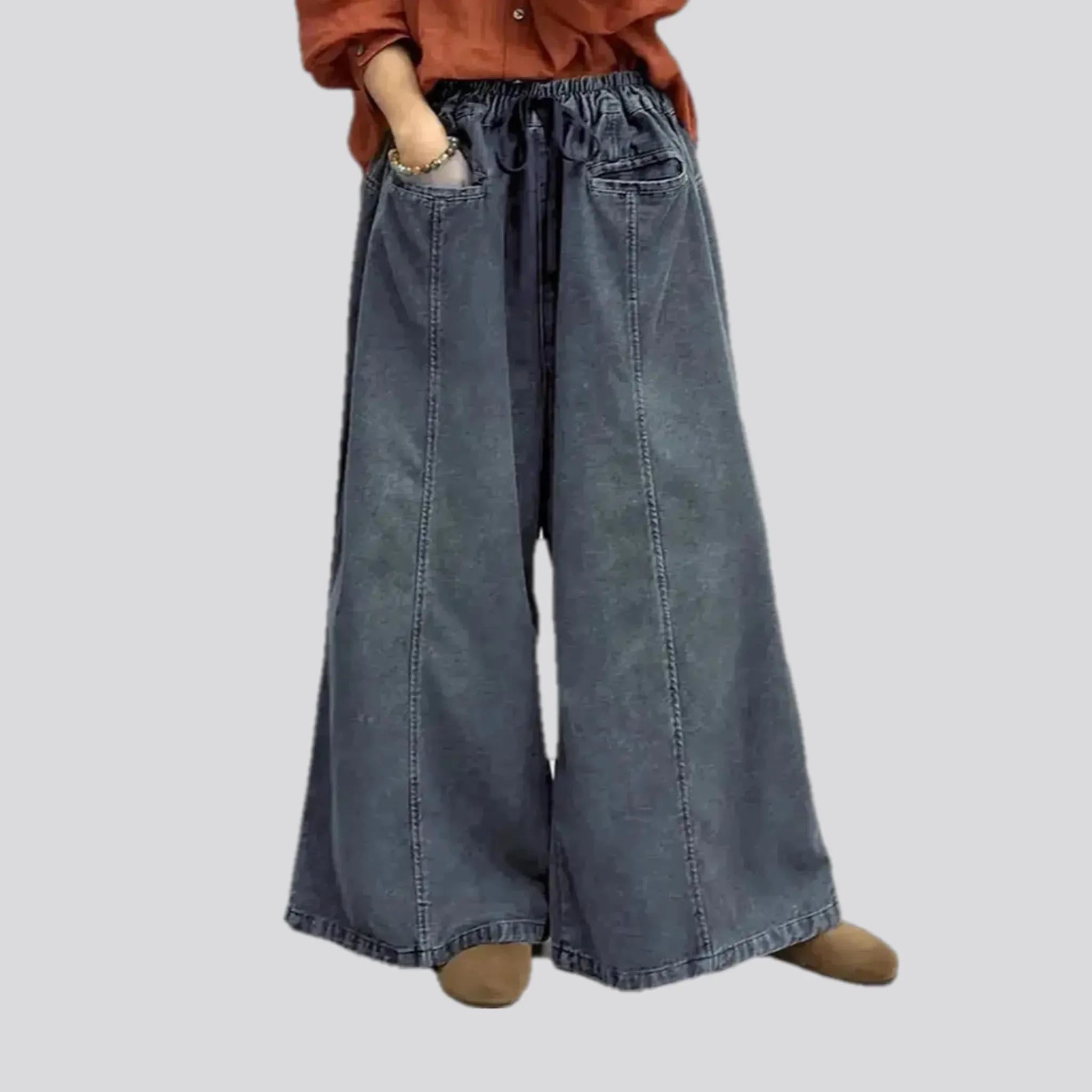 Contrast pattern boho jeans culottes for ladies