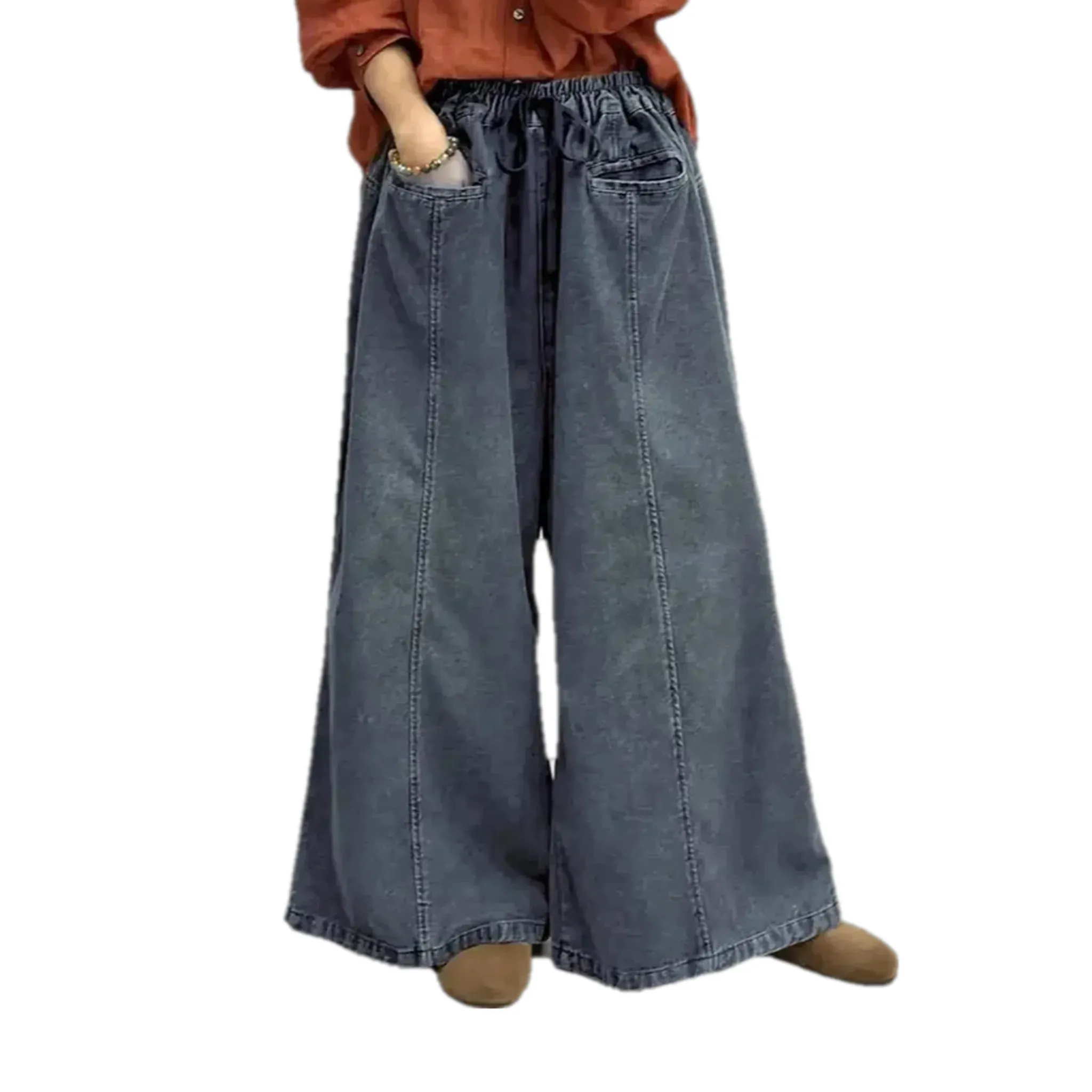 Contrast pattern boho jeans culottes for ladies