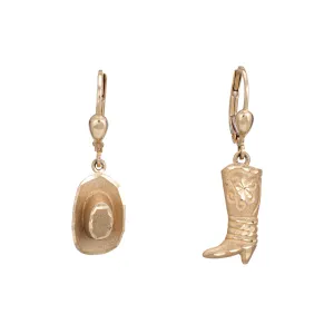 Cowboy Boot & Hat Earrings Estate 14k Yellow Gold 1" Drops Fine Western Jewelry