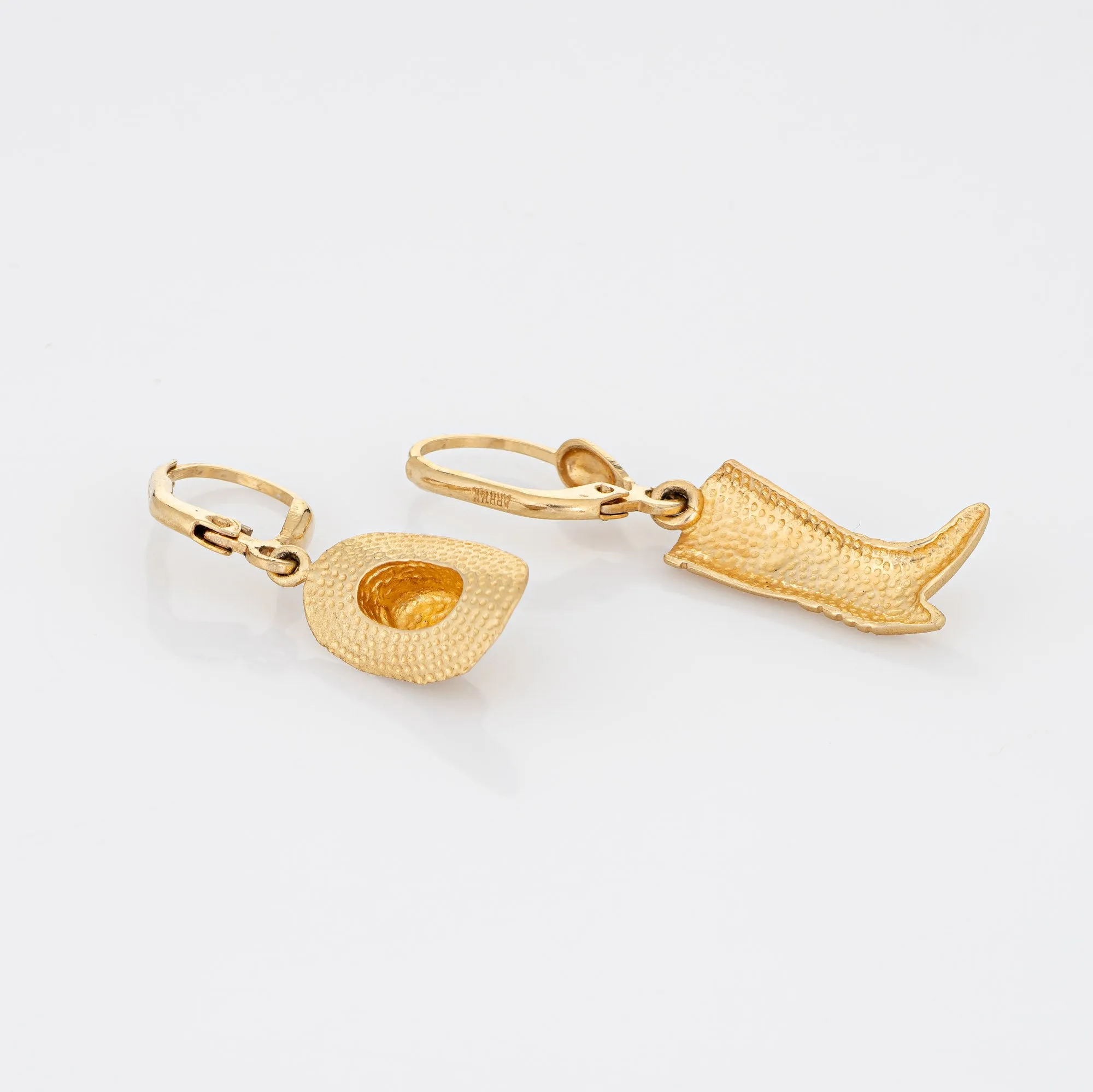Cowboy Boot & Hat Earrings Estate 14k Yellow Gold 1" Drops Fine Western Jewelry