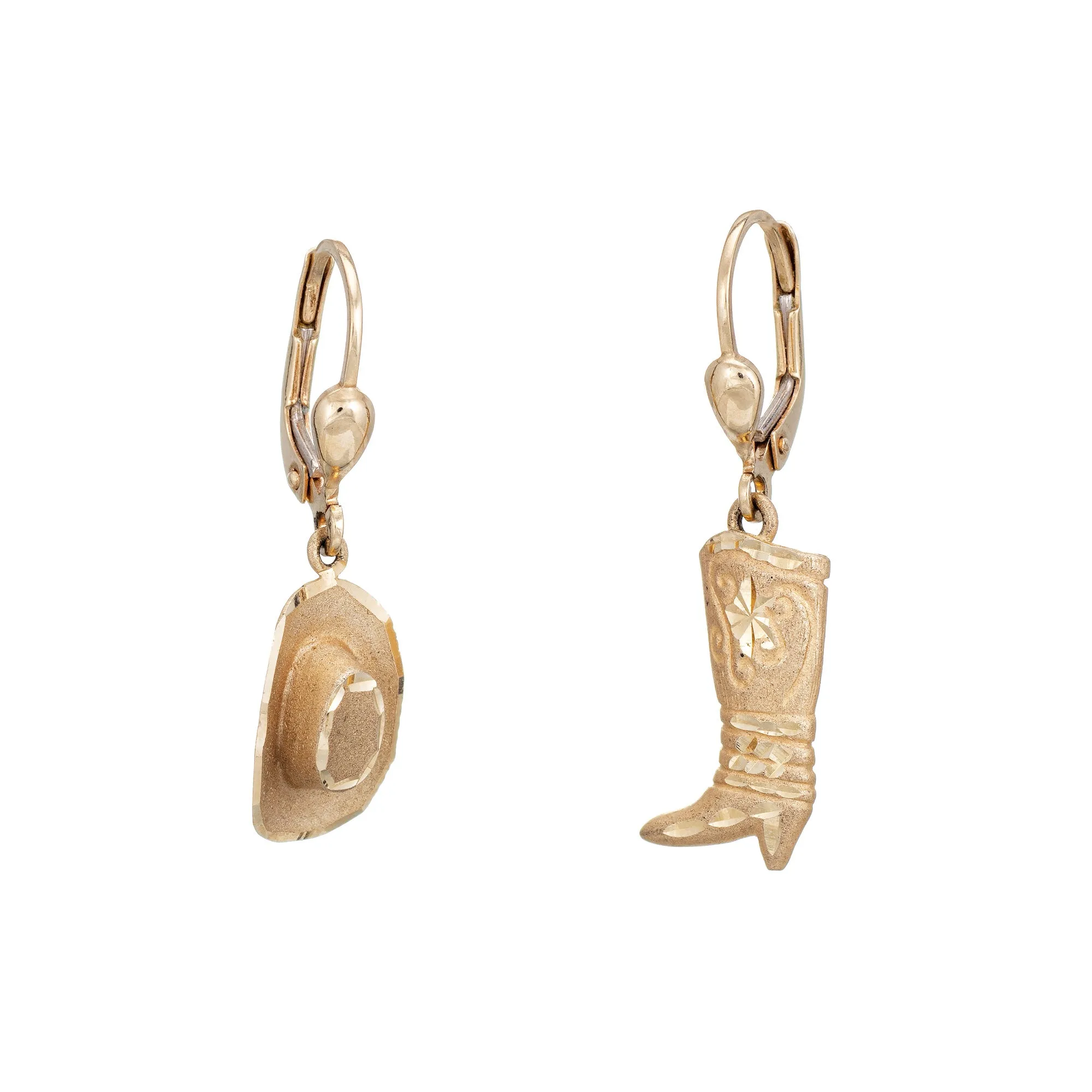 Cowboy Boot & Hat Earrings Estate 14k Yellow Gold 1" Drops Fine Western Jewelry