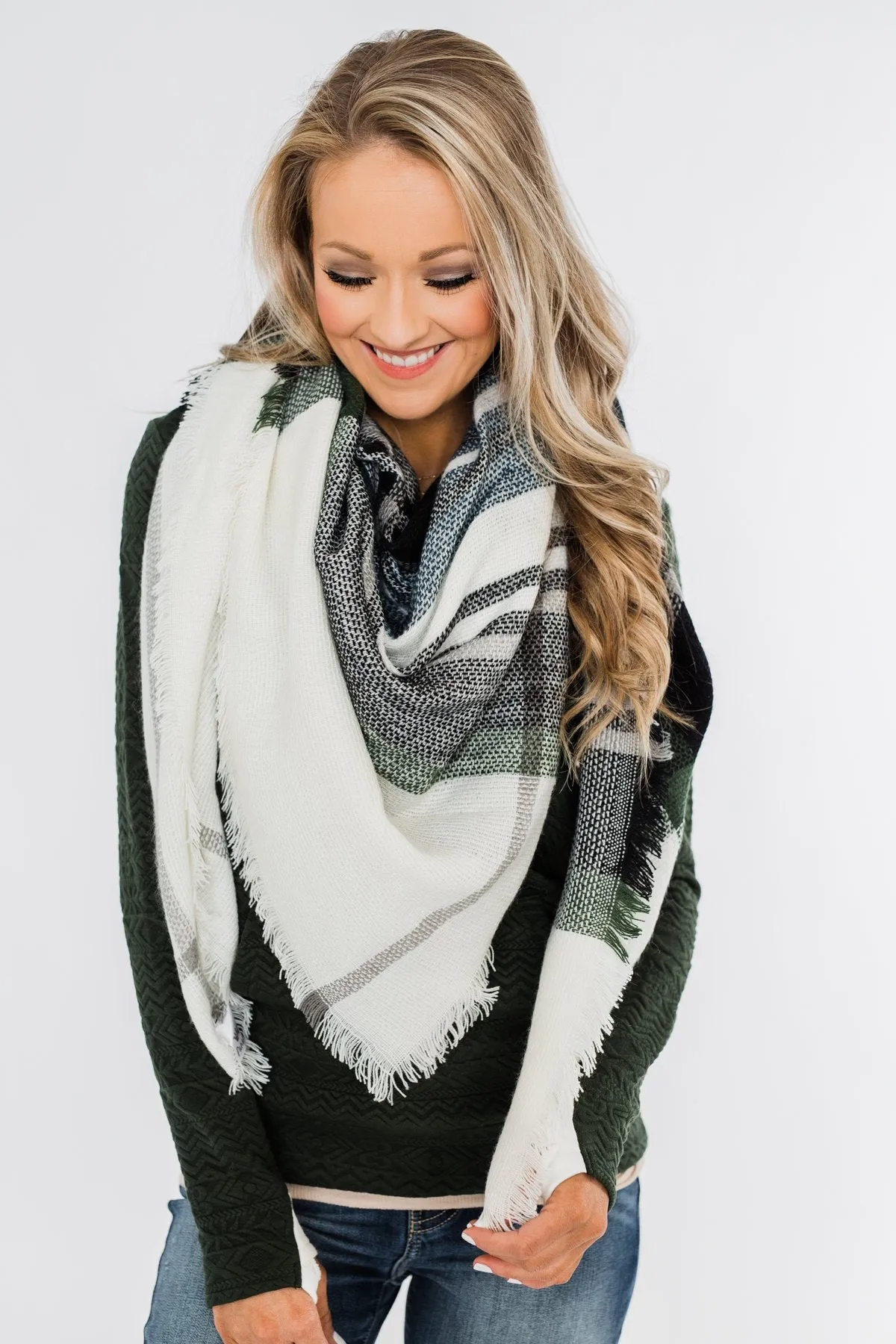 Cozy Blanket Scarf- Cream, Green, & Navy