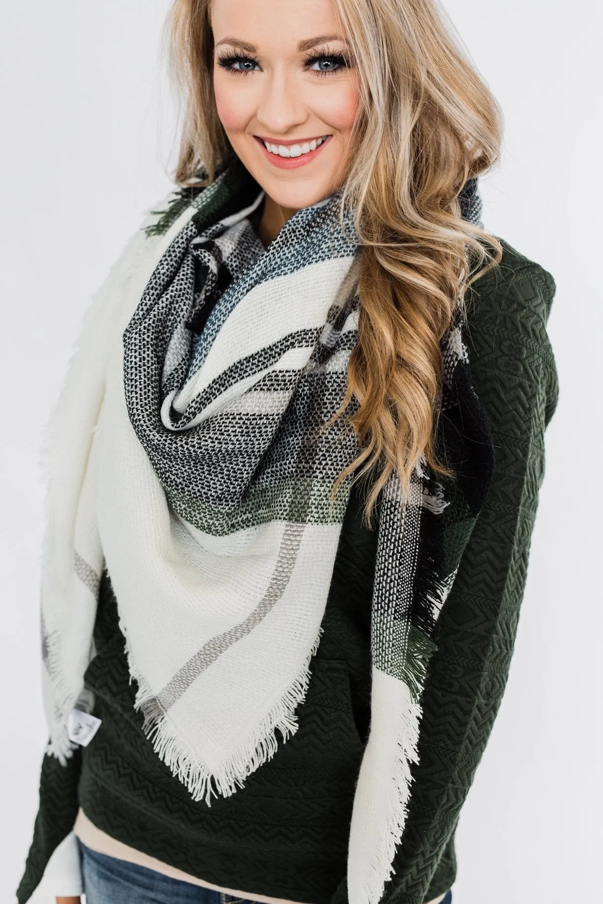 Cozy Blanket Scarf- Cream, Green, & Navy