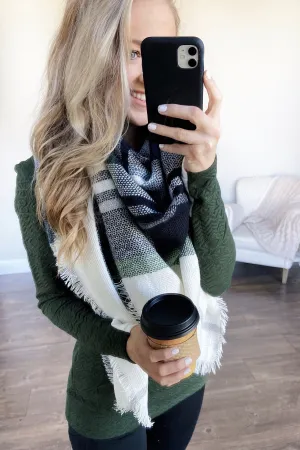 Cozy Blanket Scarf- Cream, Green, & Navy