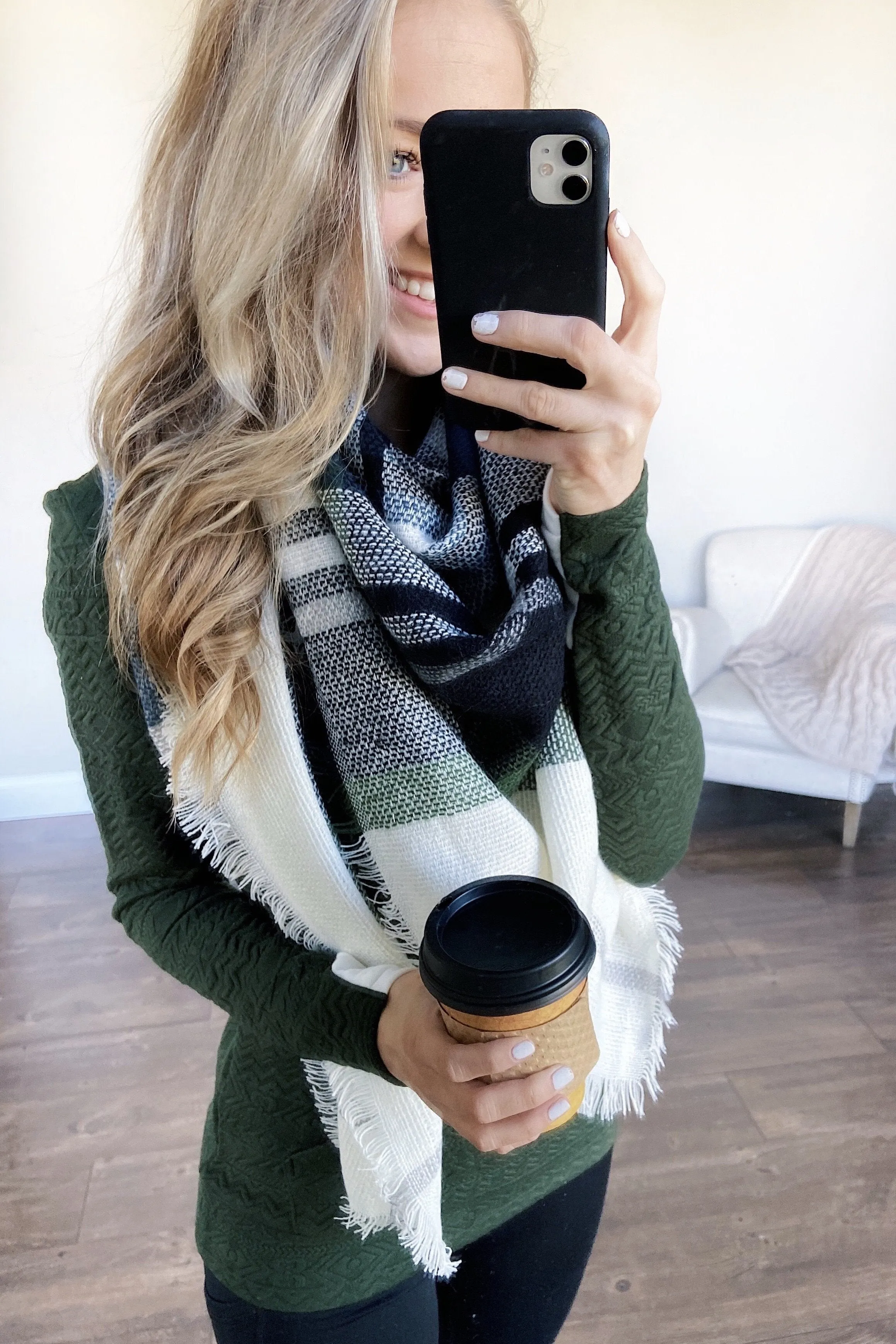 Cozy Blanket Scarf- Cream, Green, & Navy