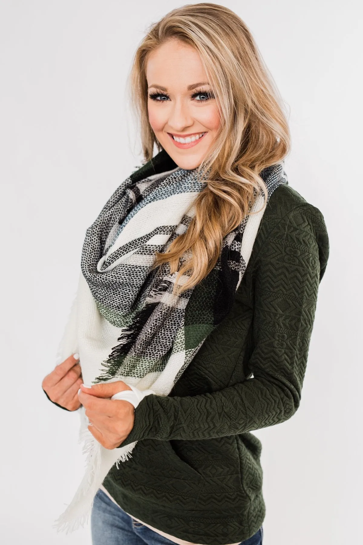Cozy Blanket Scarf- Cream, Green, & Navy
