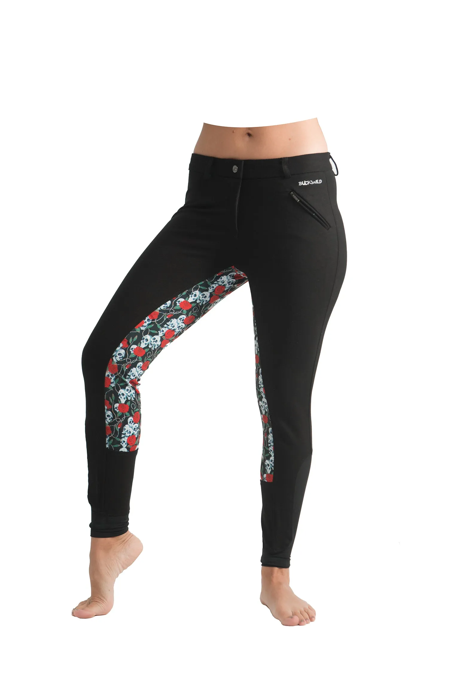 Curvy Mare | High-Waist Breech | Black   Skulls Roses | Side Phone Pocket