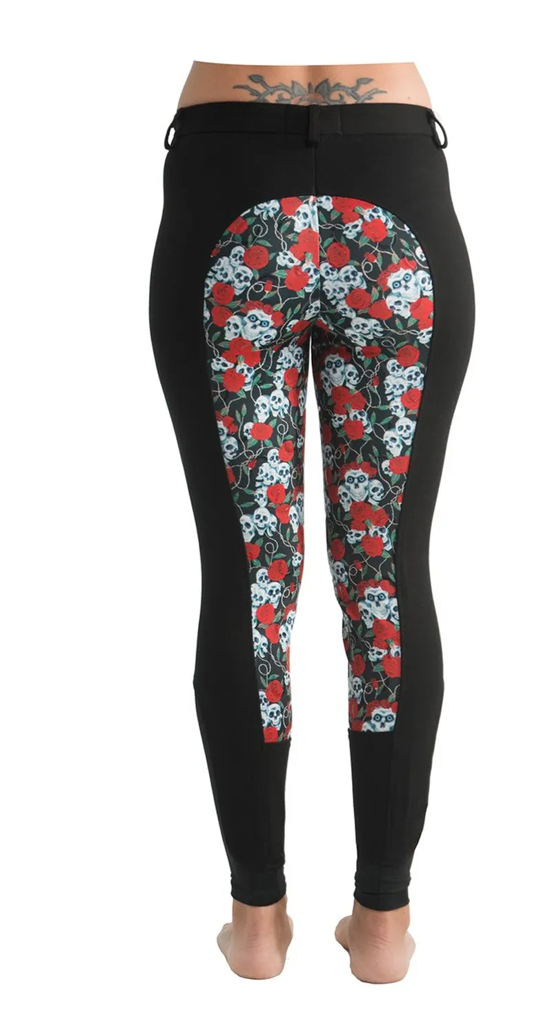 Curvy Mare | High-Waist Breech | Black   Skulls Roses | Side Phone Pocket