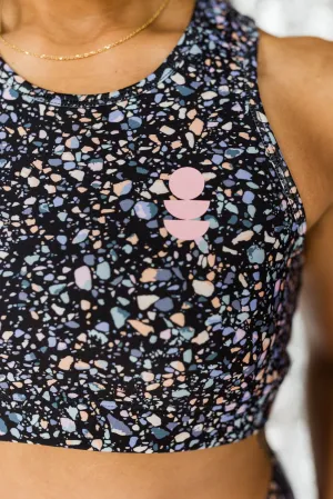 Elevate Racer Back Top Black Terrazzo Print