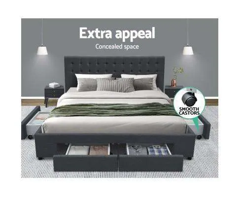 Fabric Bed Frame Headboard with Drawers - Charcoal