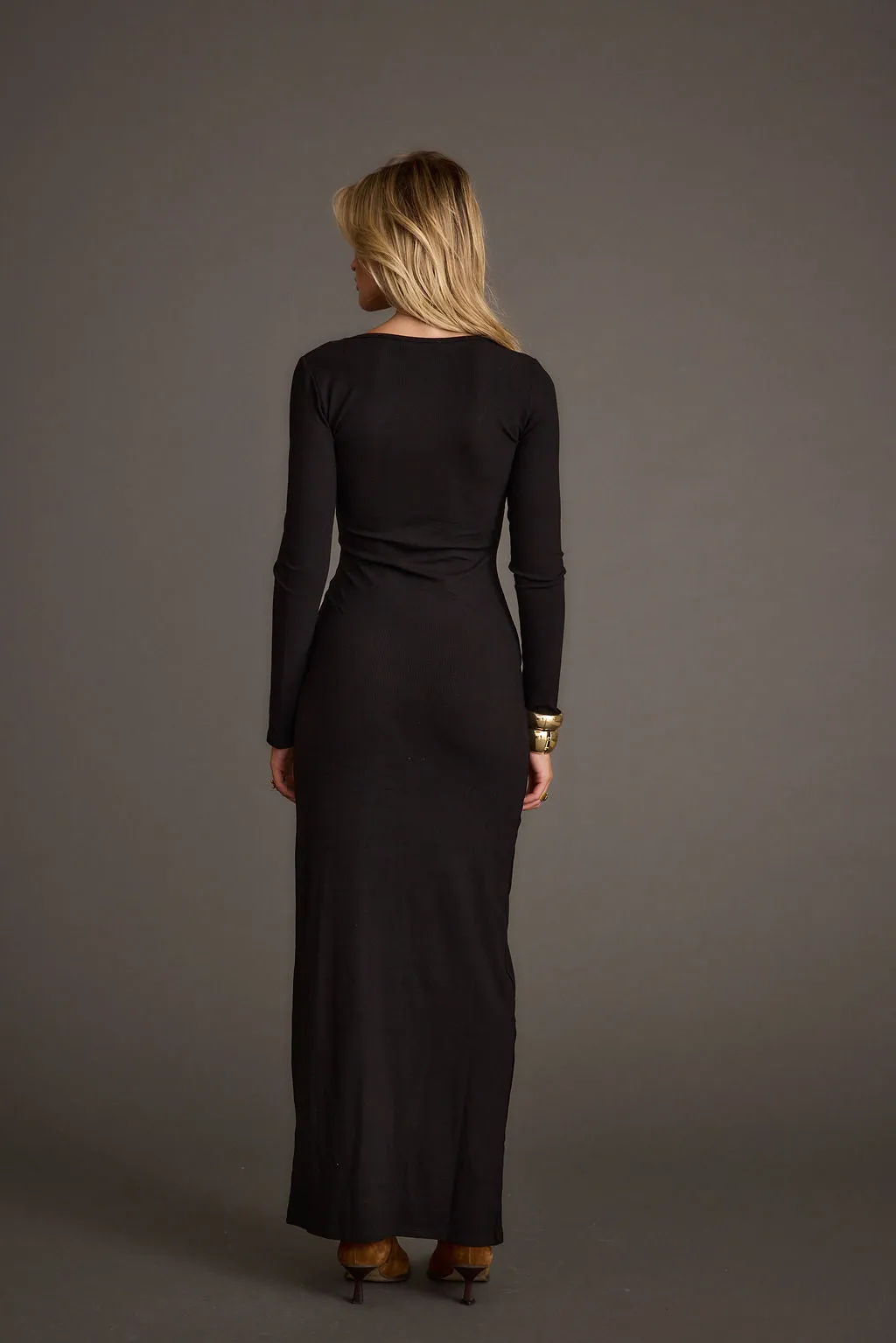Gemma Black Long Sleeve Ribbed Maxi Dress