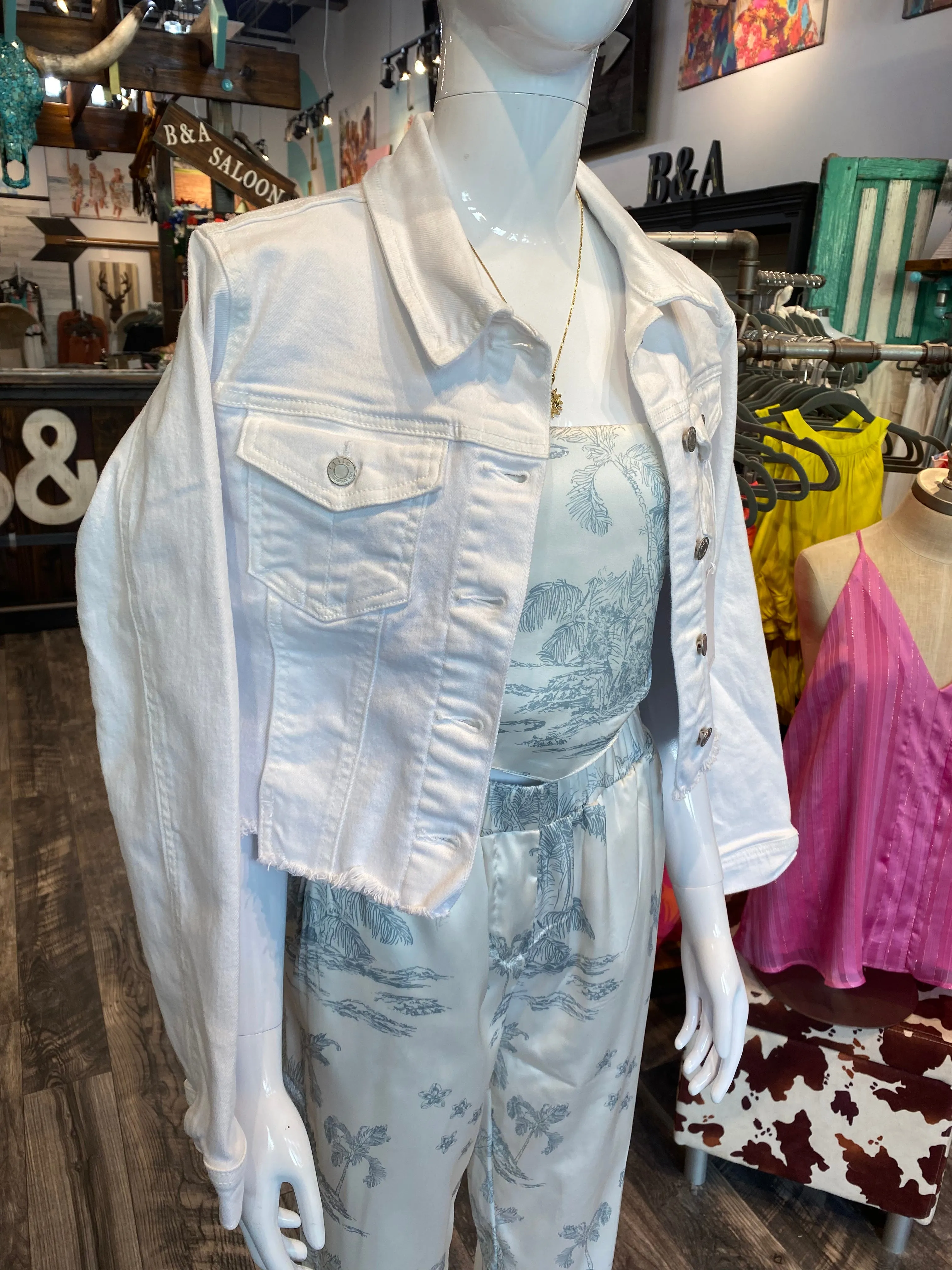 Ivory Distressed Hem Denim Jacket