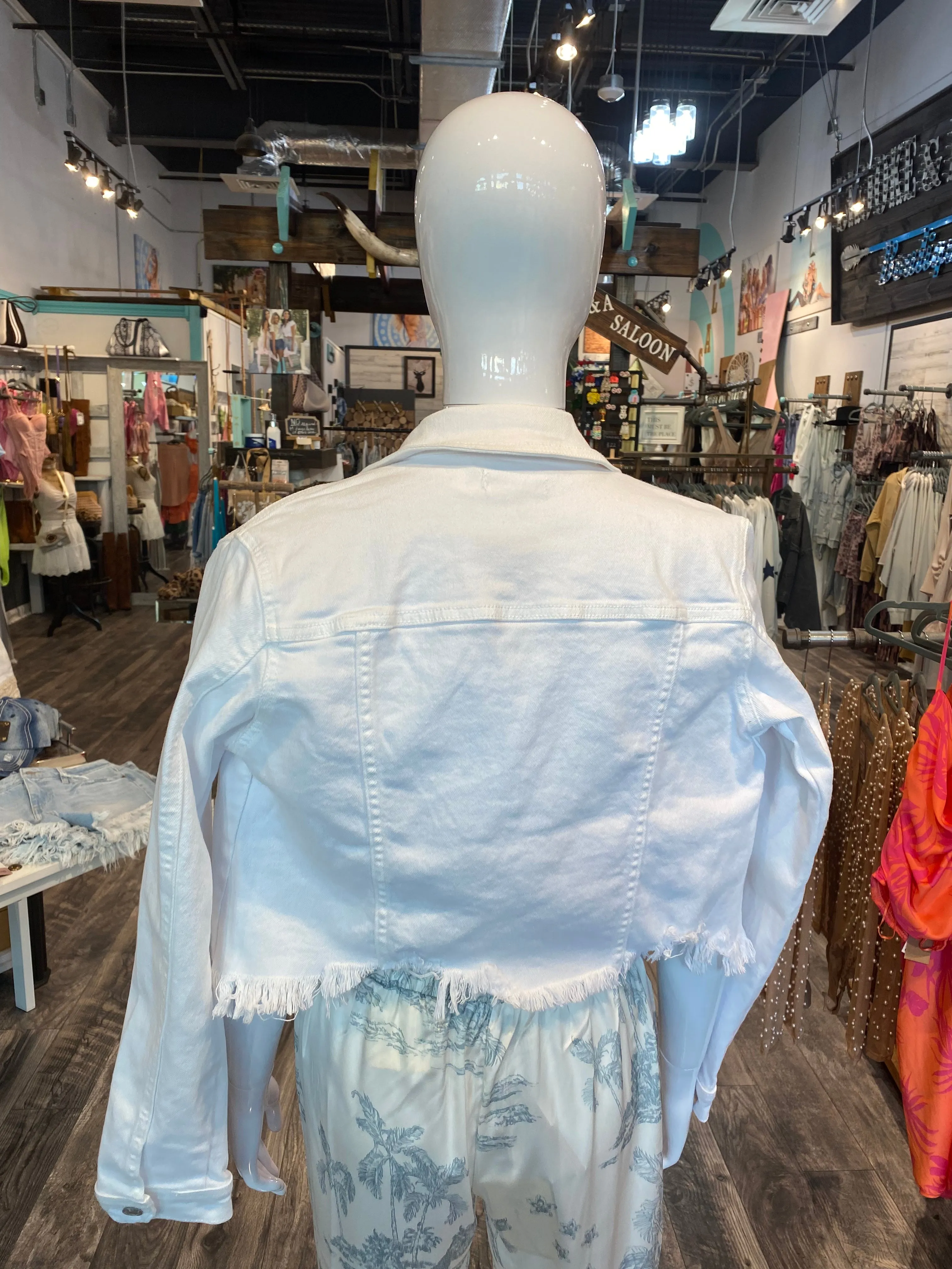 Ivory Distressed Hem Denim Jacket