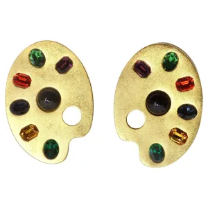 Karl Lagerfeld 1980s Gold Plated Paint Palette Motif Multicolor Gem Earrings