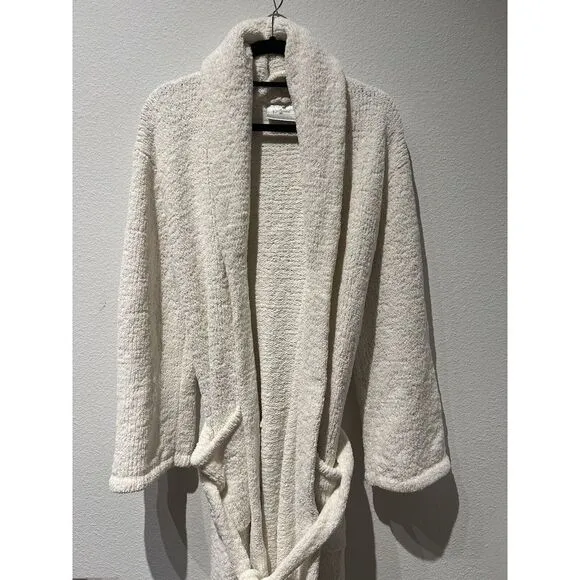 Kashwere Shawl Collar Cream Soft Robe Belted‎ Pockets Size L Cozy Loungewear