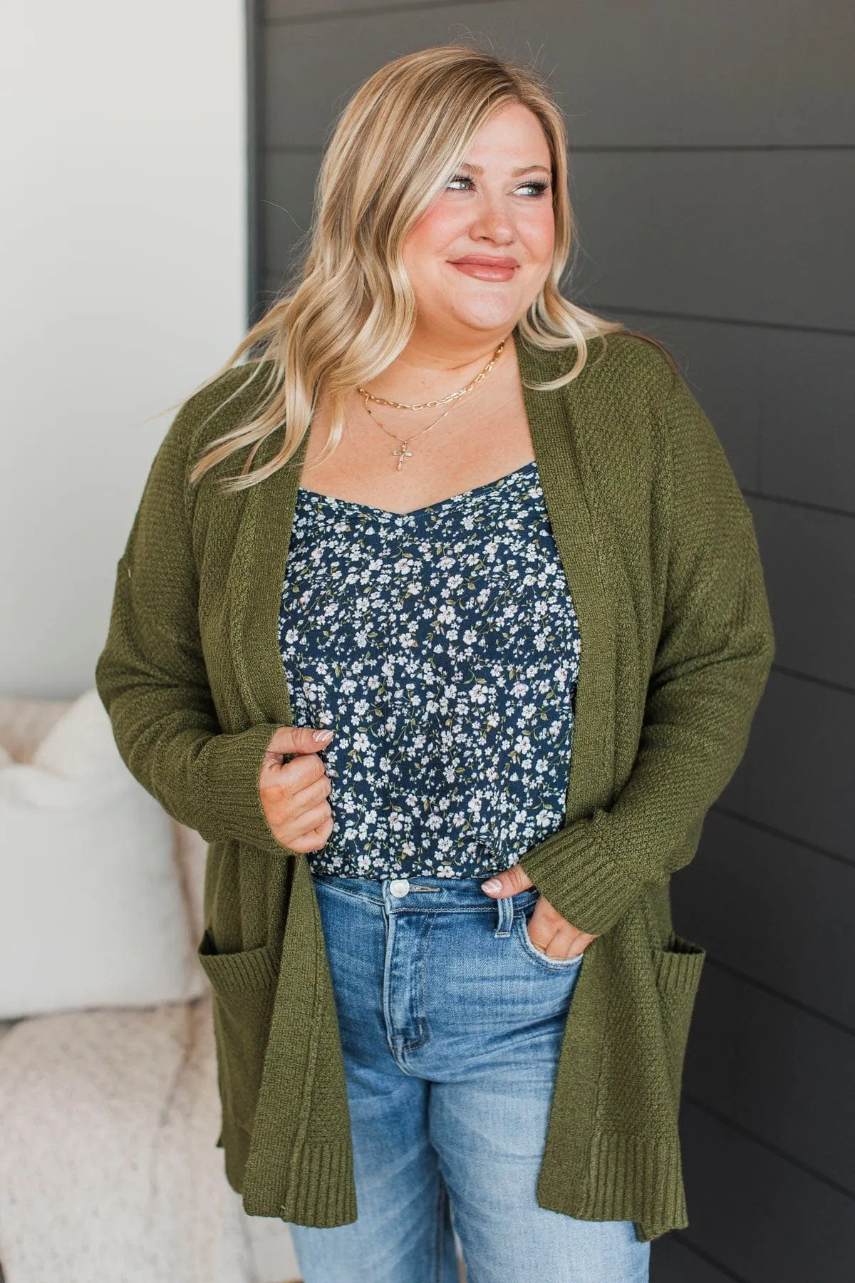 Keeping Cozy Open Front Cardigan- Olive