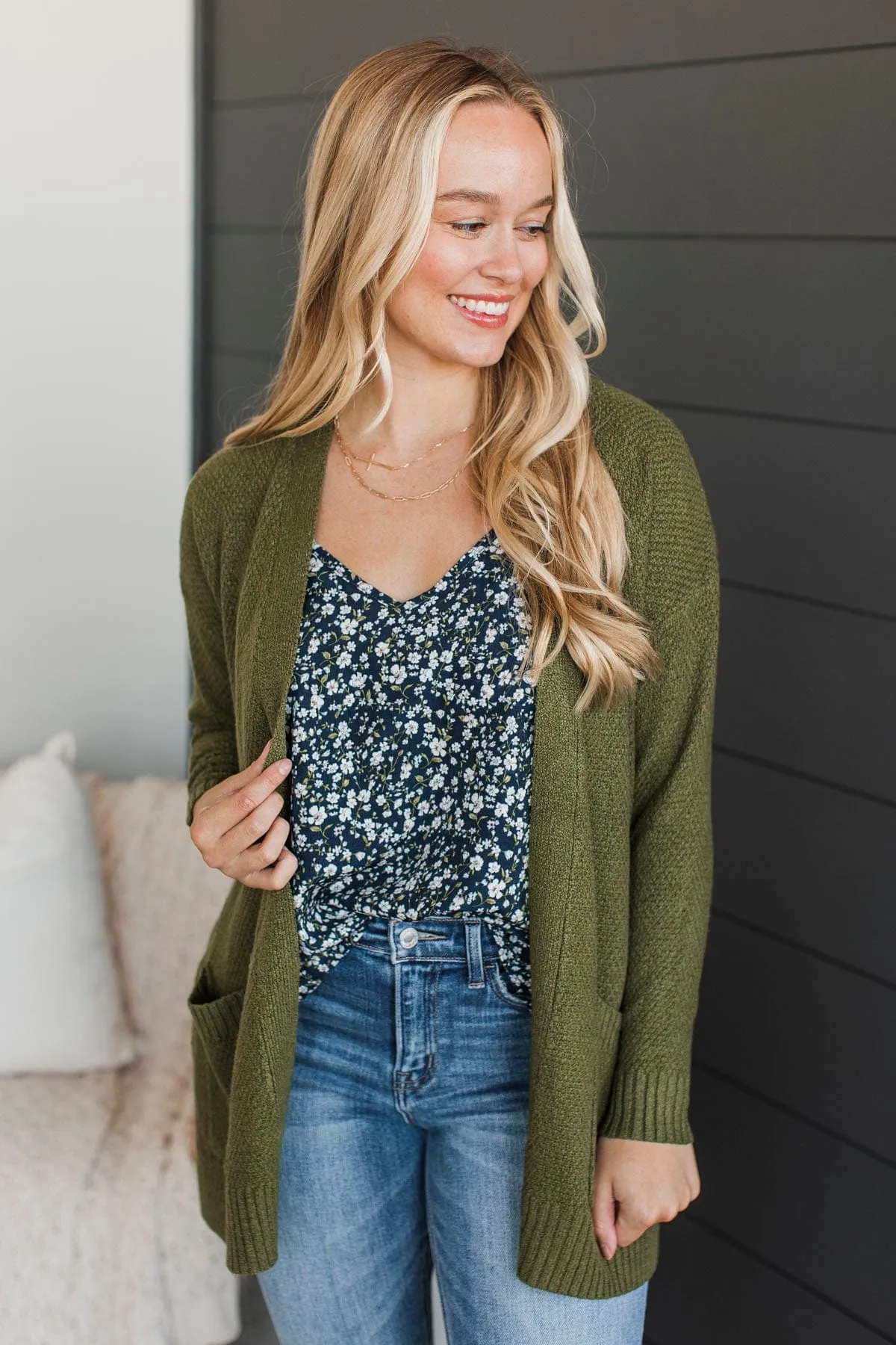 Keeping Cozy Open Front Cardigan- Olive