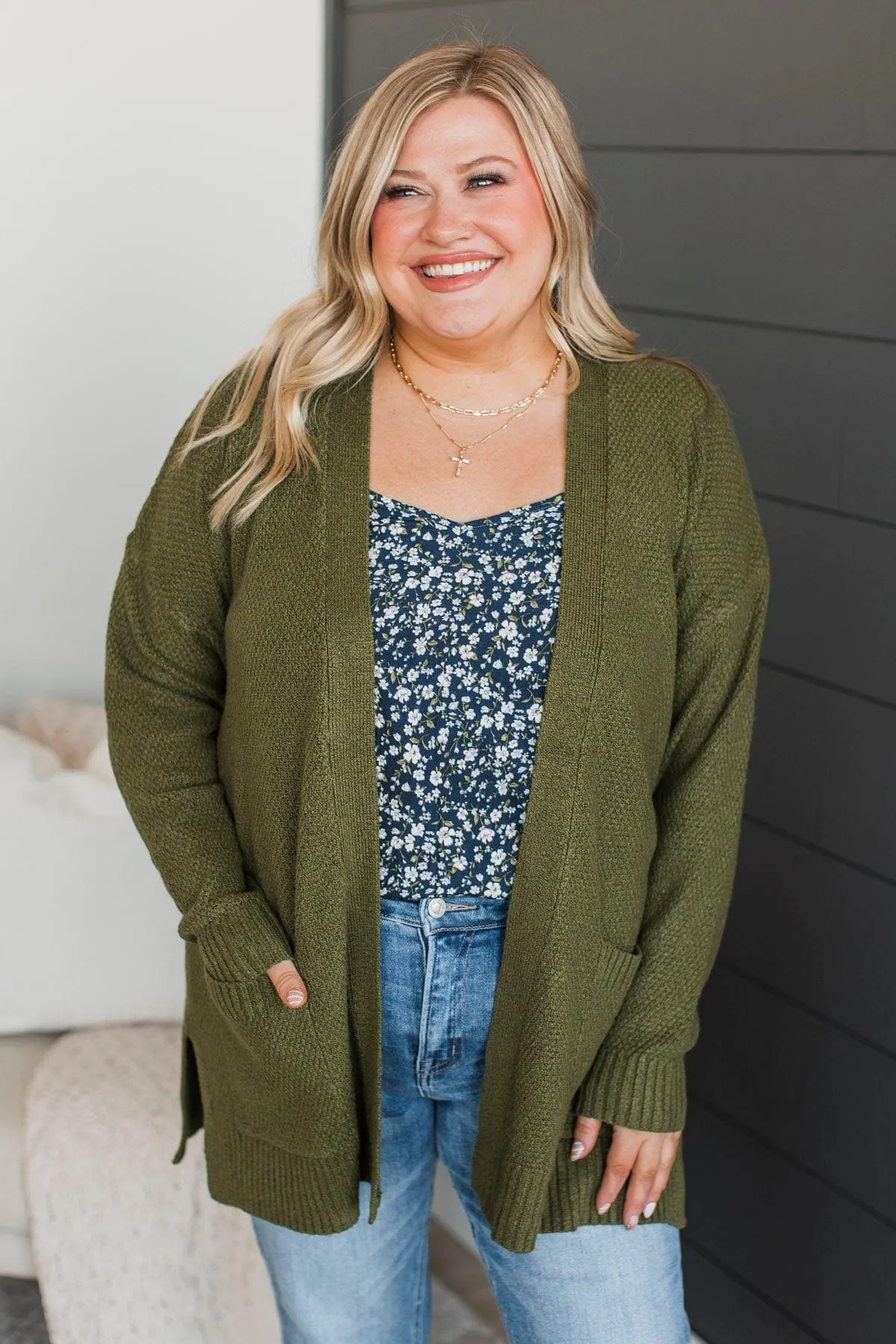 Keeping Cozy Open Front Cardigan- Olive
